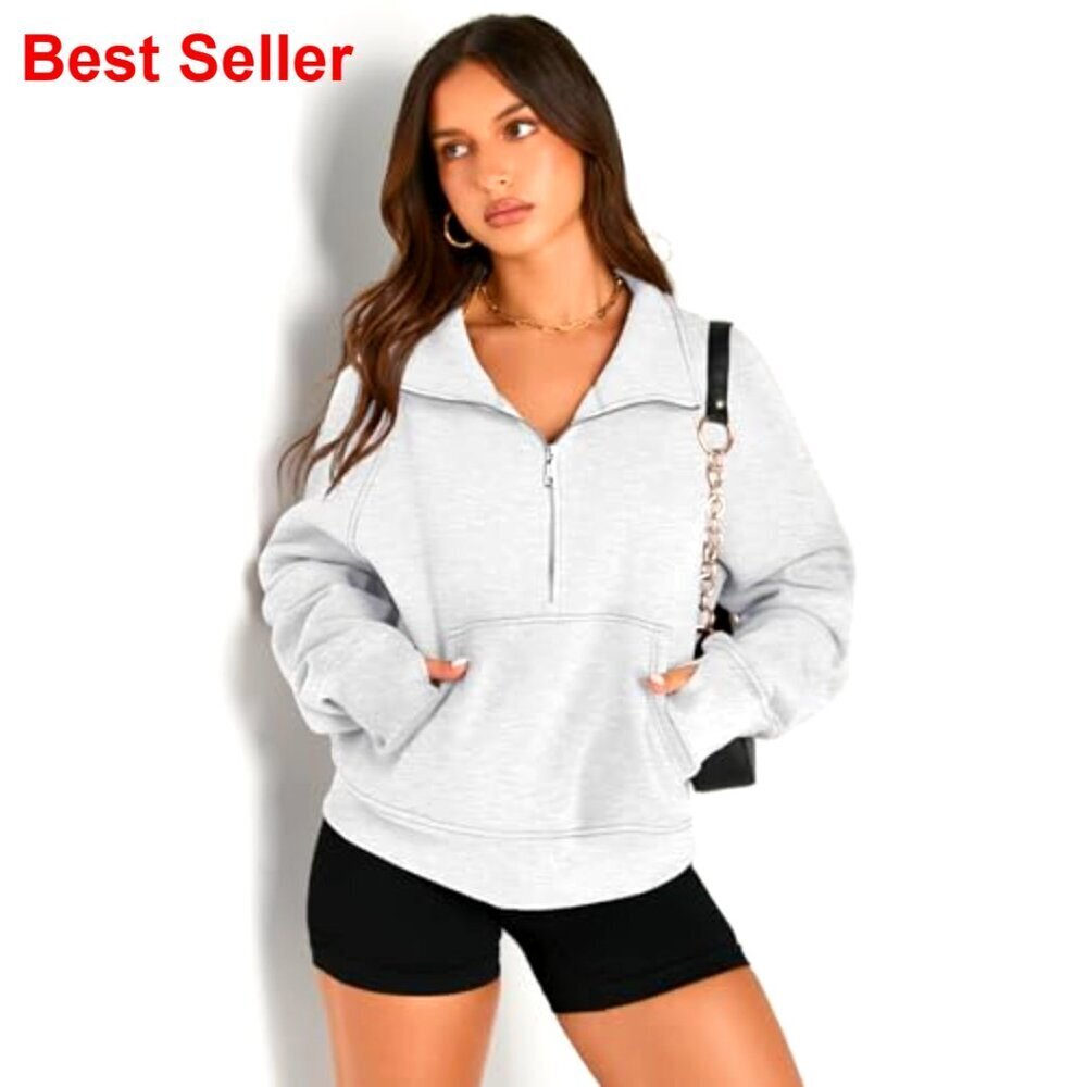 Women's Half Zip Cropped Fleece Pullover Hoodie with Thumb Holes and Pockets - Picture 3 of 7
